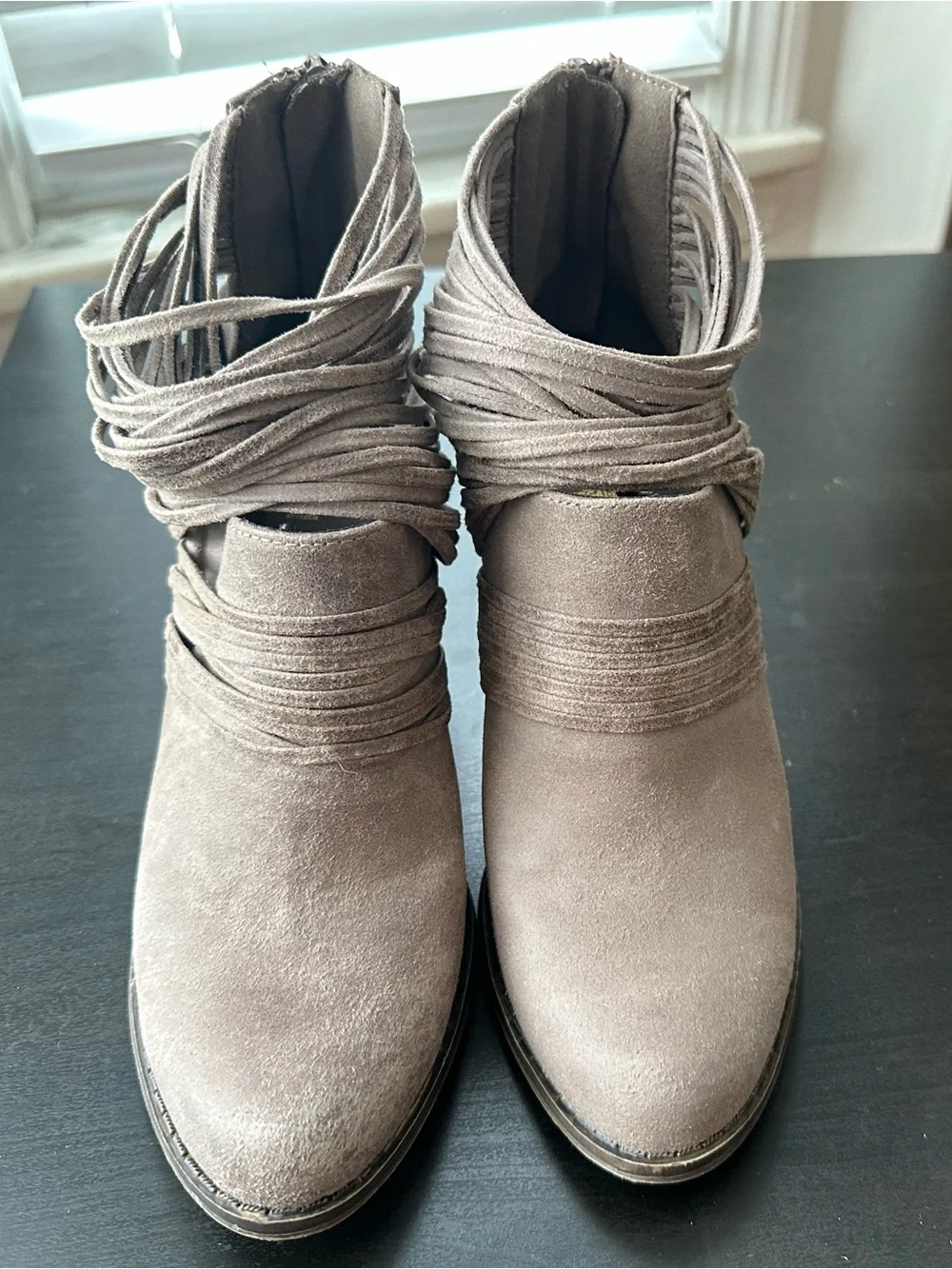 Fergalicious Taupe Suede Fringe Booties size 7.5